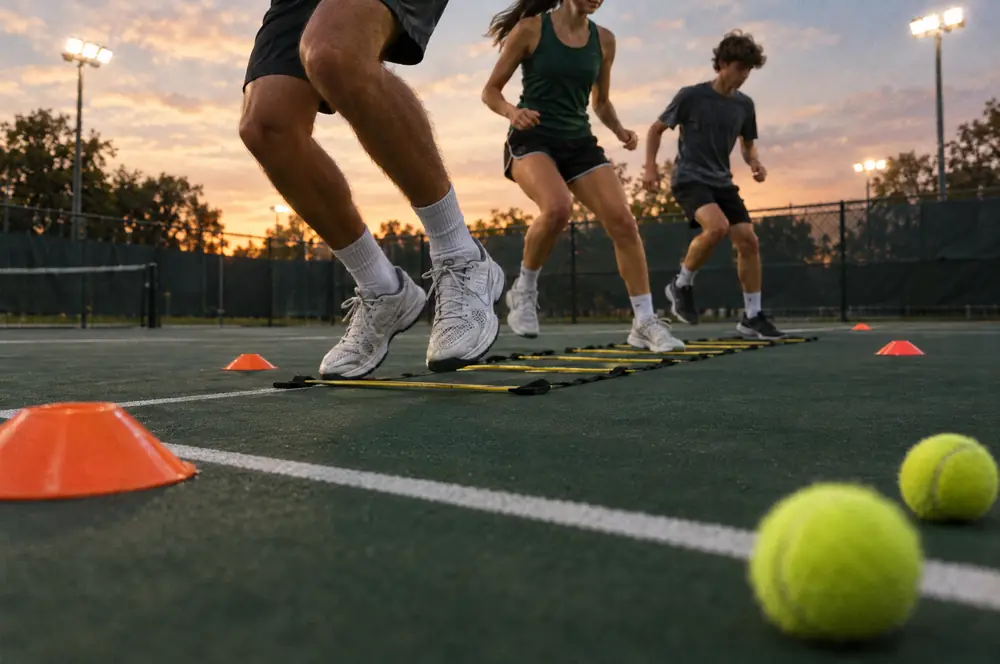 Junior players doing a fast footwork drill with cones