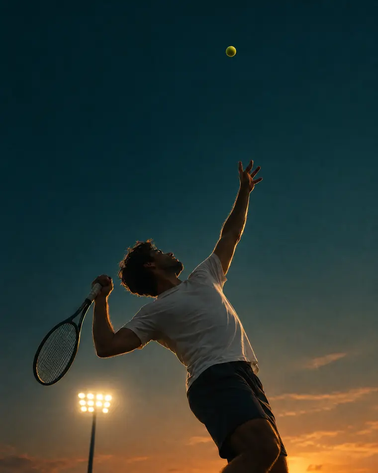 A competitive player tossing the ball to serve at dusk